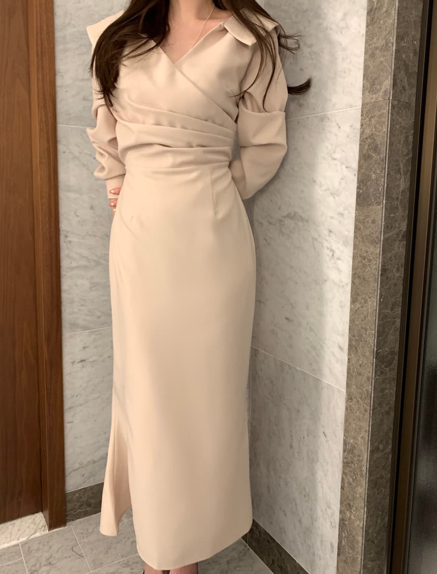 있음 선적 사이즈 업데이트 chic 가을 프랑스식 폴로 칼라 허리 수축 거품 소매 여성 드레스 우아함 레이스업 롱 스커트 상세 이미지 14