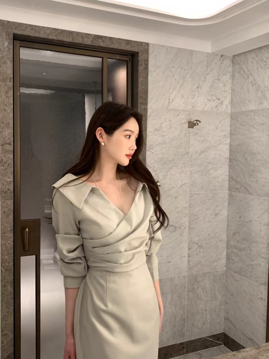 있음 선적 사이즈 업데이트 chic 가을 프랑스식 폴로 칼라 허리 수축 거품 소매 여성 드레스 우아함 레이스업 롱 스커트 상세 이미지 31
