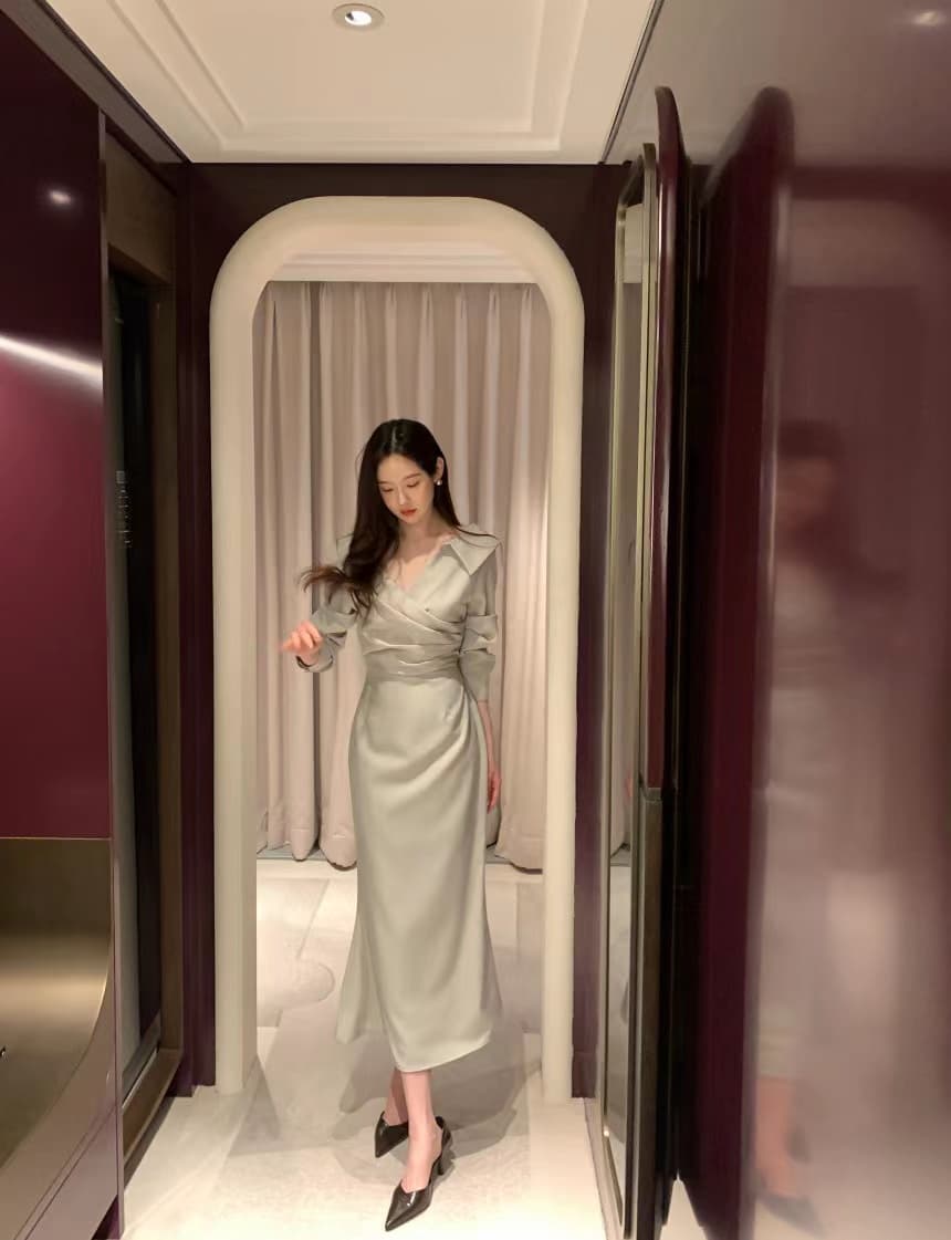 있음 선적 사이즈 업데이트 chic 가을 프랑스식 폴로 칼라 허리 수축 거품 소매 여성 드레스 우아함 레이스업 롱 스커트 상세 이미지 33