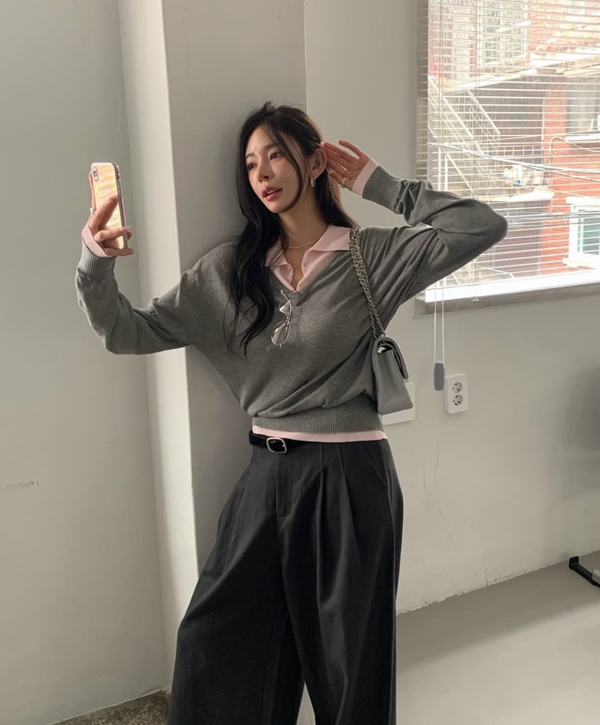 한국 chic 가을 새로운 ins 패치워크 배색 폴로 칼라 품격 슬림해 보이는 긴팔 니트 스웨터 상세 이미지 1