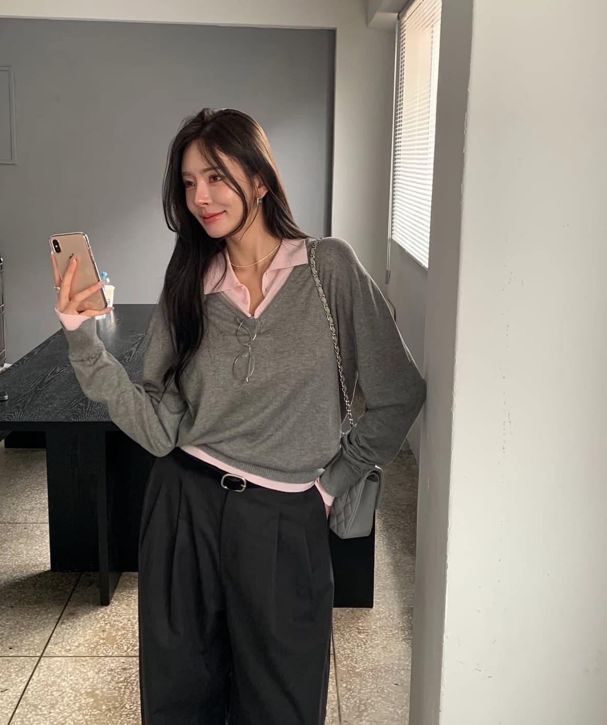 한국 chic 가을 새로운 ins 패치워크 배색 폴로 칼라 품격 슬림해 보이는 긴팔 니트 스웨터 상세 이미지 2