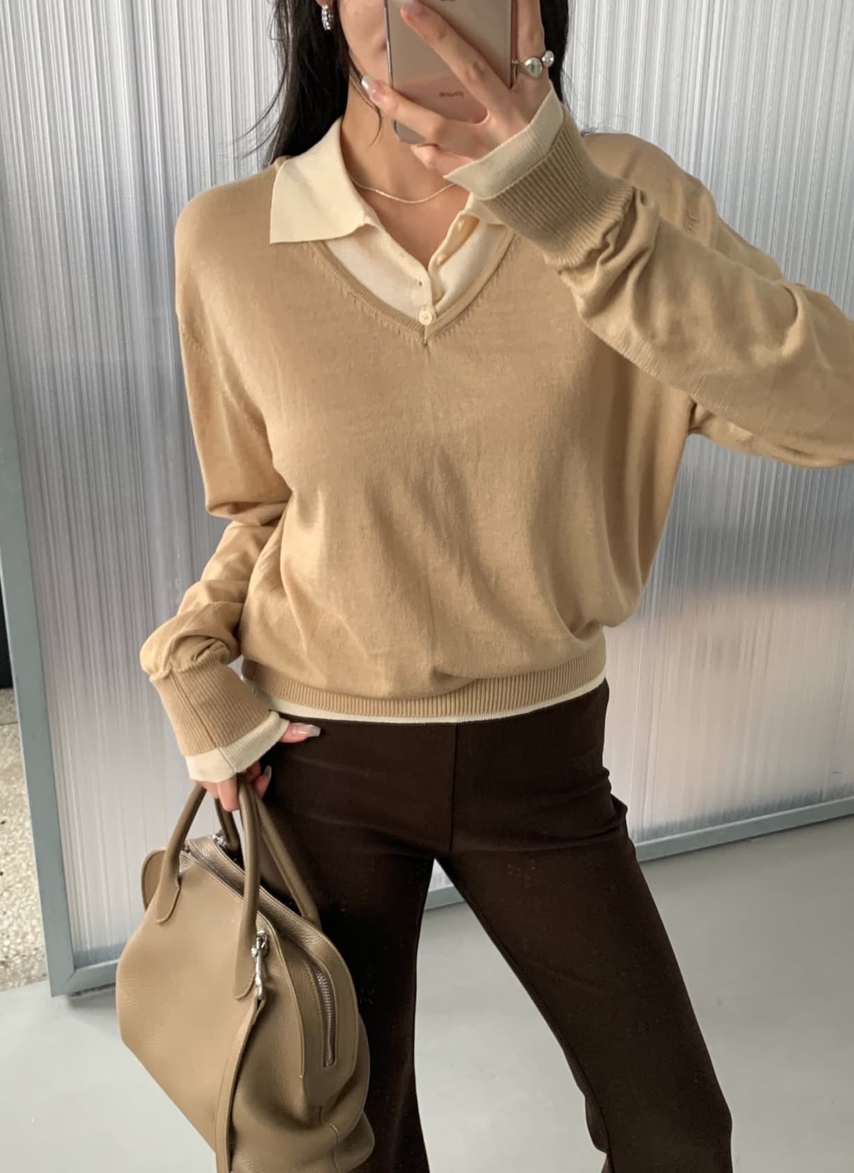 한국 chic 가을 새로운 ins 패치워크 배색 폴로 칼라 품격 슬림해 보이는 긴팔 니트 스웨터 상세 이미지 7