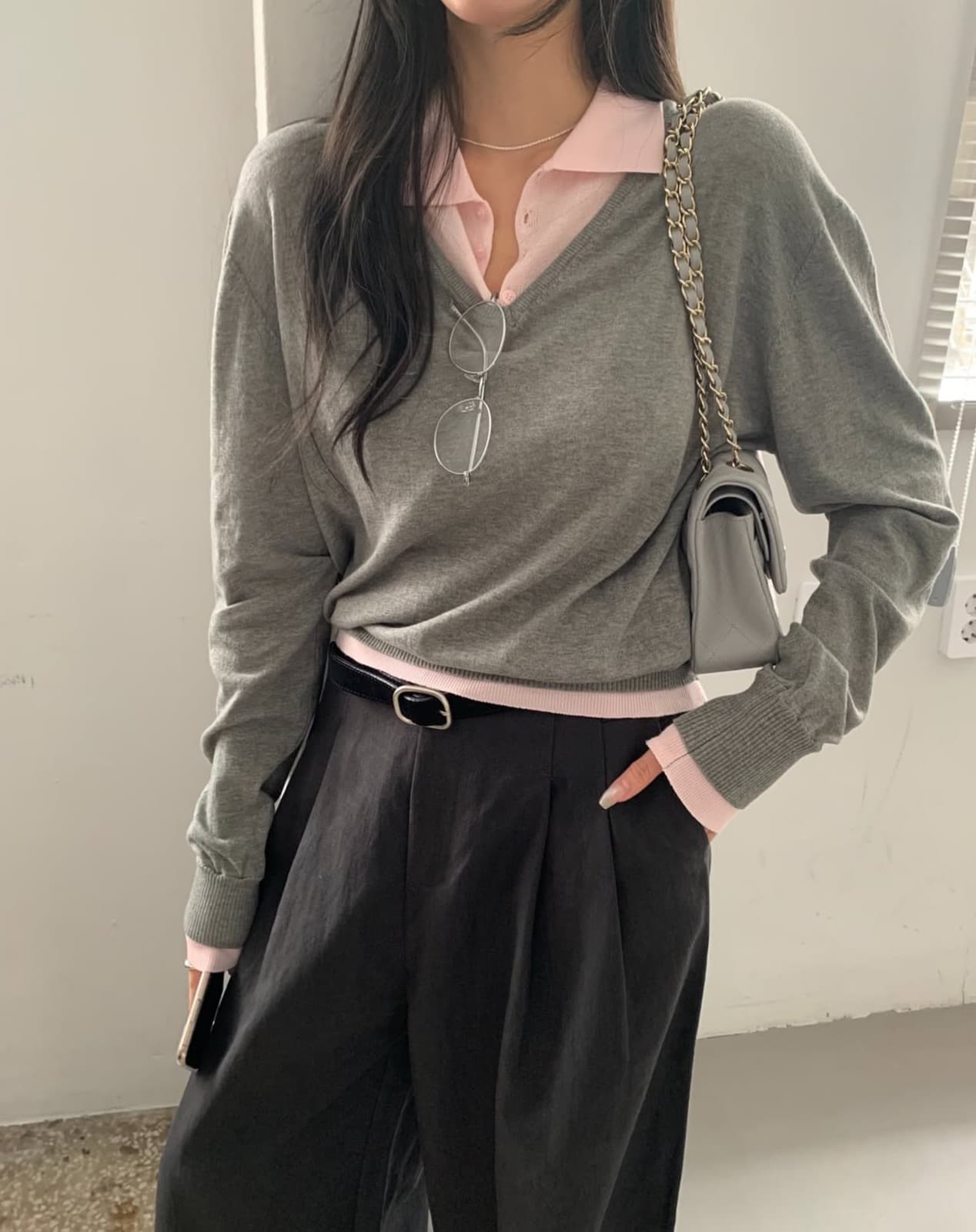 한국 chic 가을 새로운 ins 패치워크 배색 폴로 칼라 품격 슬림해 보이는 긴팔 니트 스웨터 상세 이미지 8
