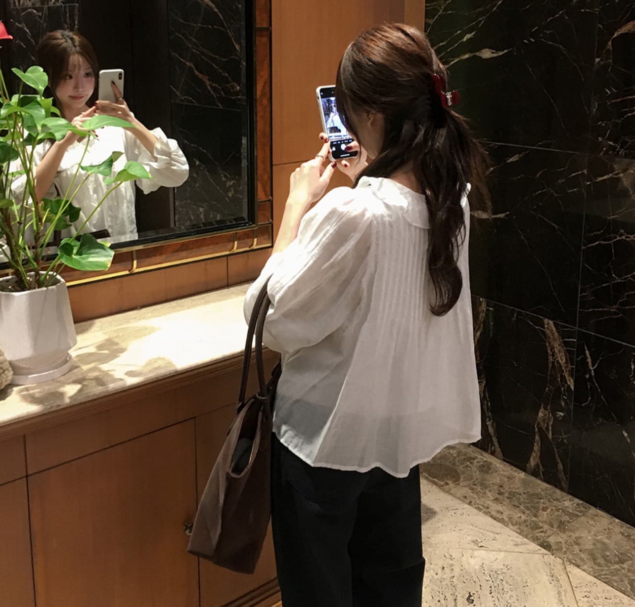 있음 선적 사이즈 업데이트 한국 chic 가을 새로운 연꽃 잎 레이스 뒤로 주름 셔츠 이미지 3