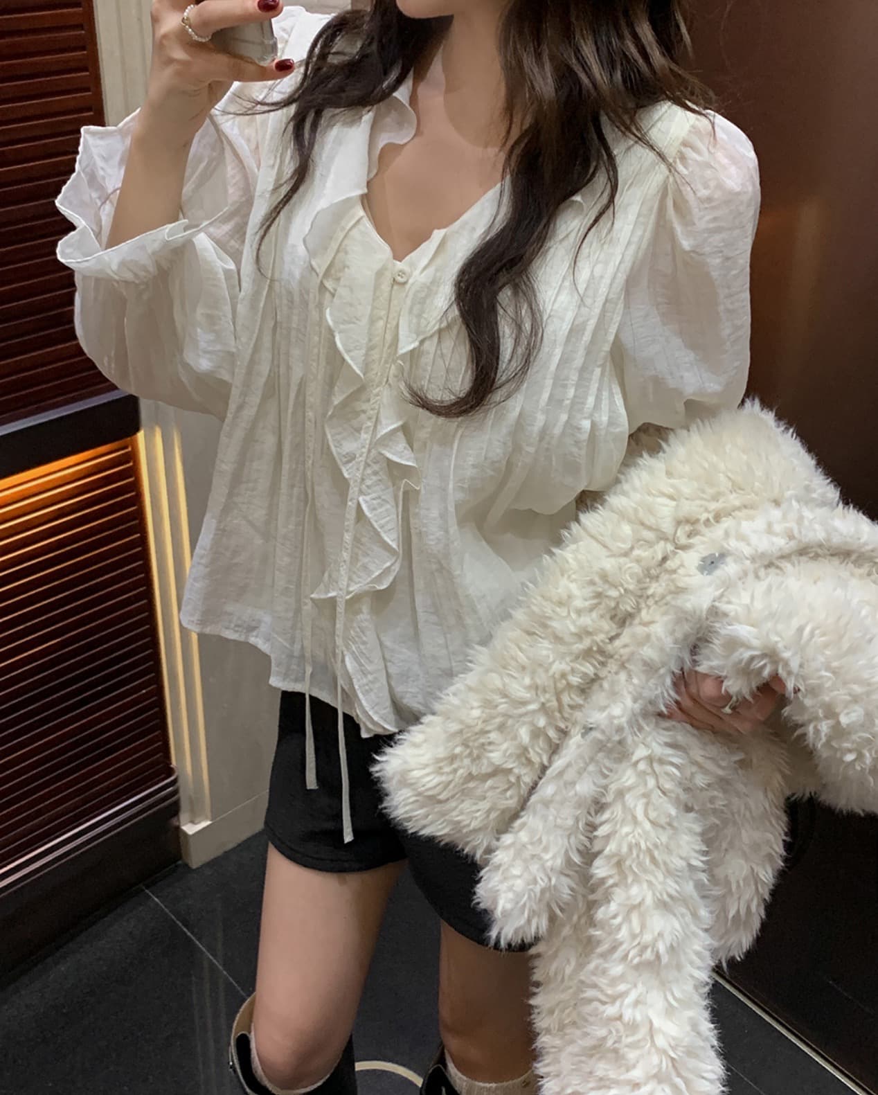 있음 선적 사이즈 업데이트 한국 chic 가을 새로운 연꽃 잎 레이스 뒤로 주름 셔츠 상세 이미지 3