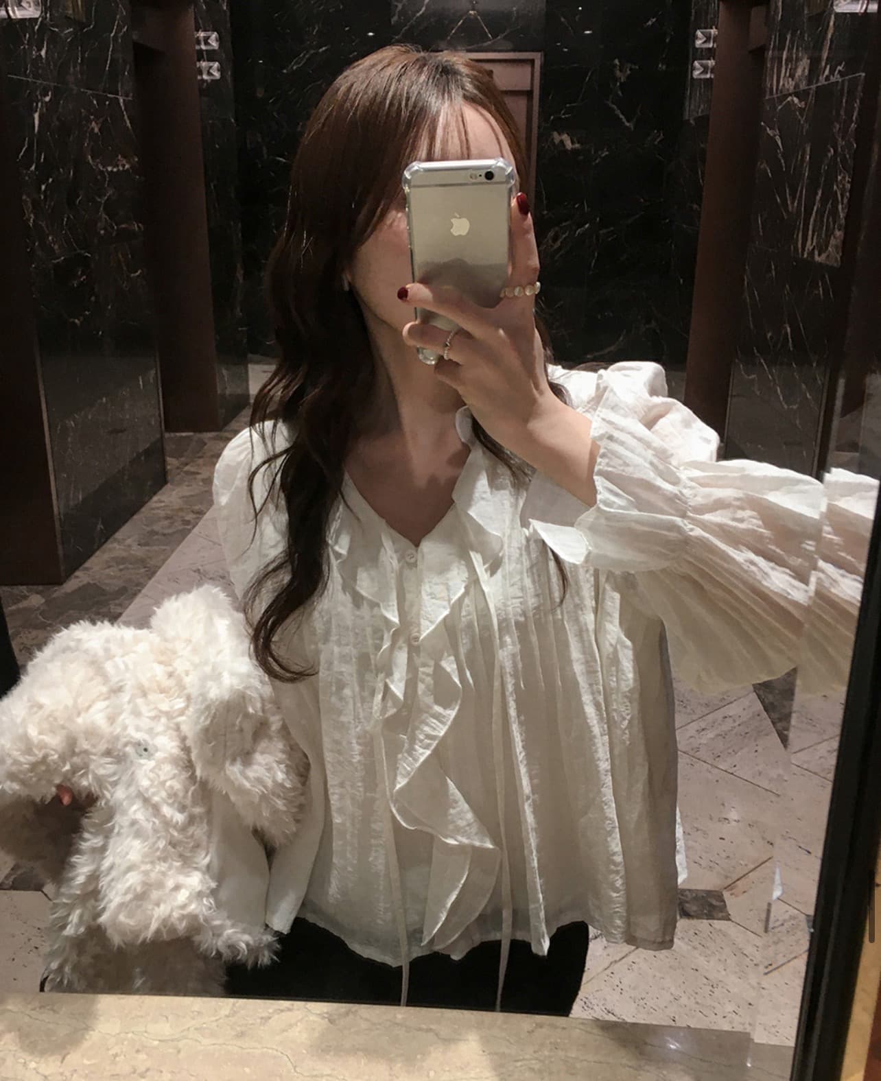 있음 선적 사이즈 업데이트 한국 chic 가을 새로운 연꽃 잎 레이스 뒤로 주름 셔츠 상세 이미지 4