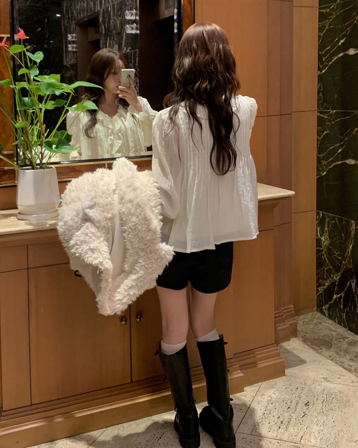 있음 선적 사이즈 업데이트 한국 chic 가을 새로운 연꽃 잎 레이스 뒤로 주름 셔츠 상세 이미지 5
