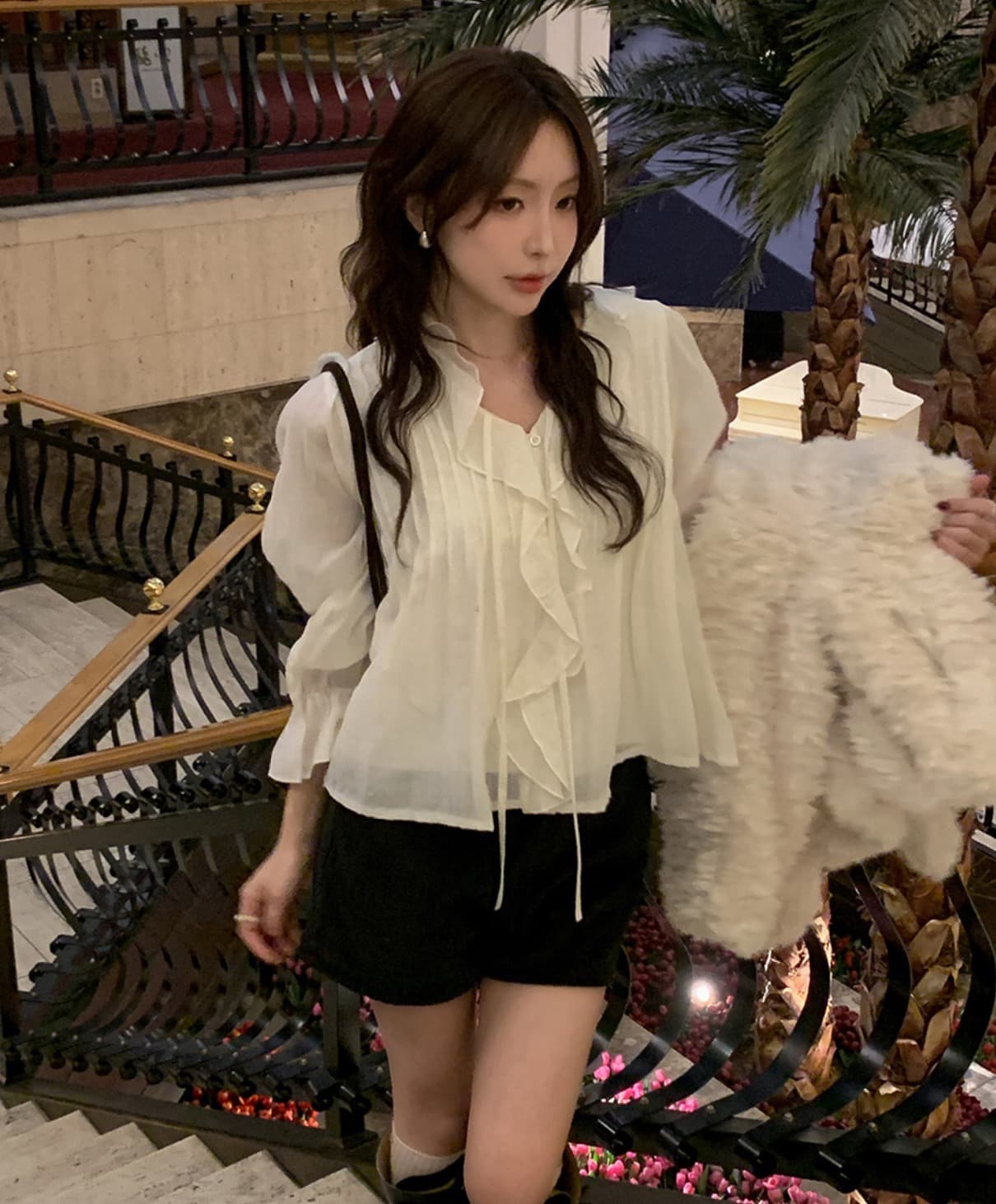 있음 선적 사이즈 업데이트 한국 chic 가을 새로운 연꽃 잎 레이스 뒤로 주름 셔츠 상세 이미지 7