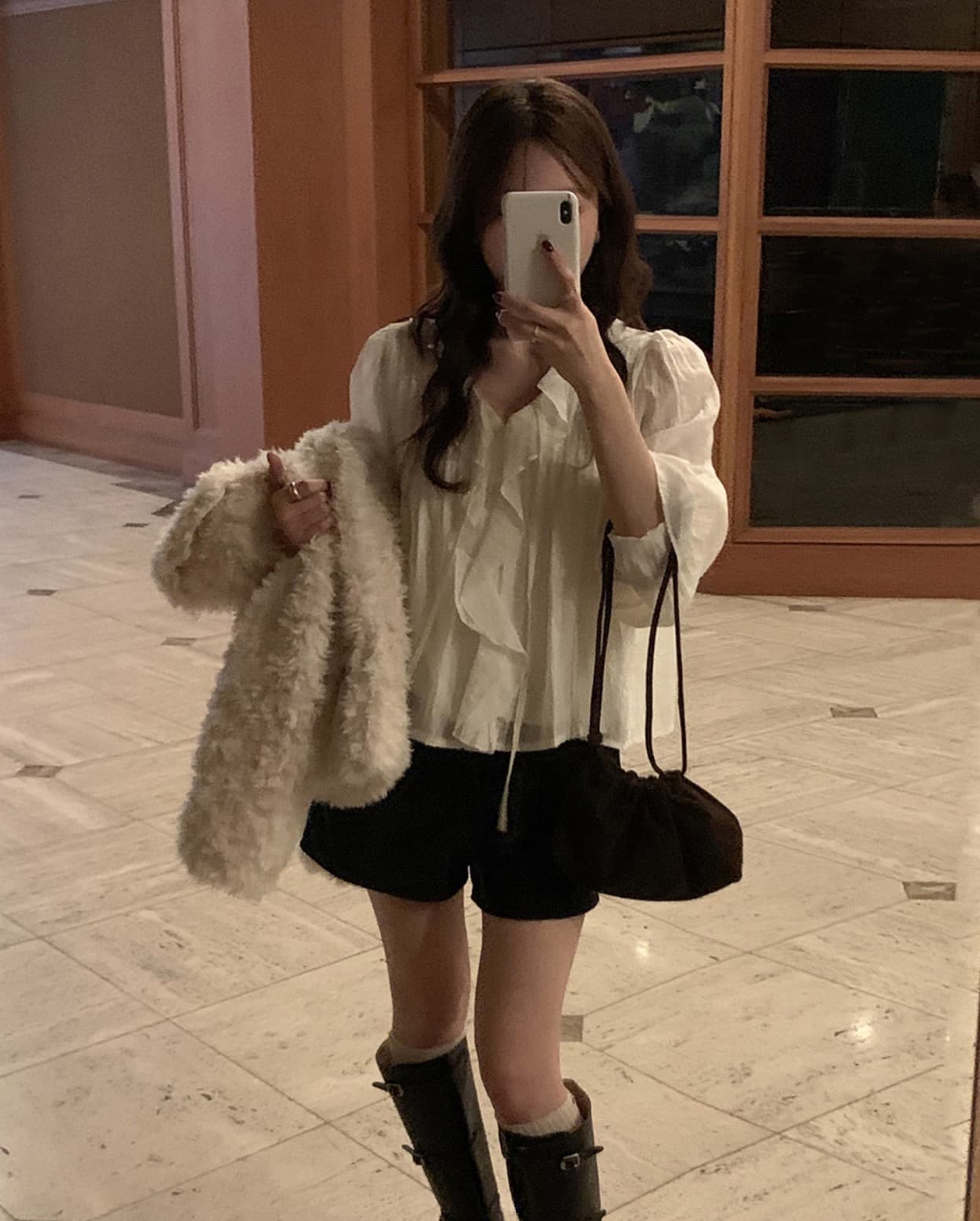 있음 선적 사이즈 업데이트 한국 chic 가을 새로운 연꽃 잎 레이스 뒤로 주름 셔츠 상세 이미지 9