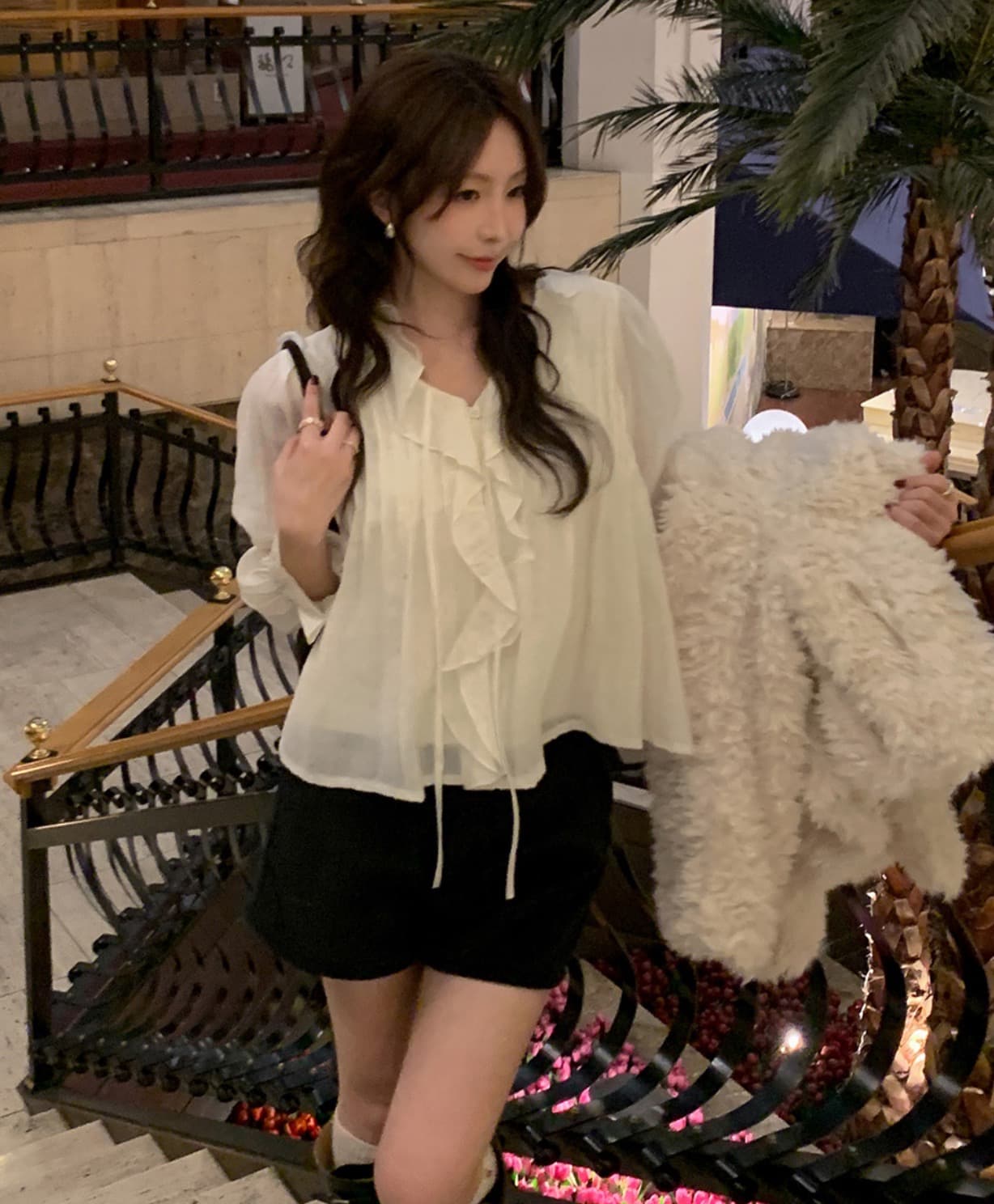 있음 선적 사이즈 업데이트 한국 chic 가을 새로운 연꽃 잎 레이스 뒤로 주름 셔츠 상세 이미지 12