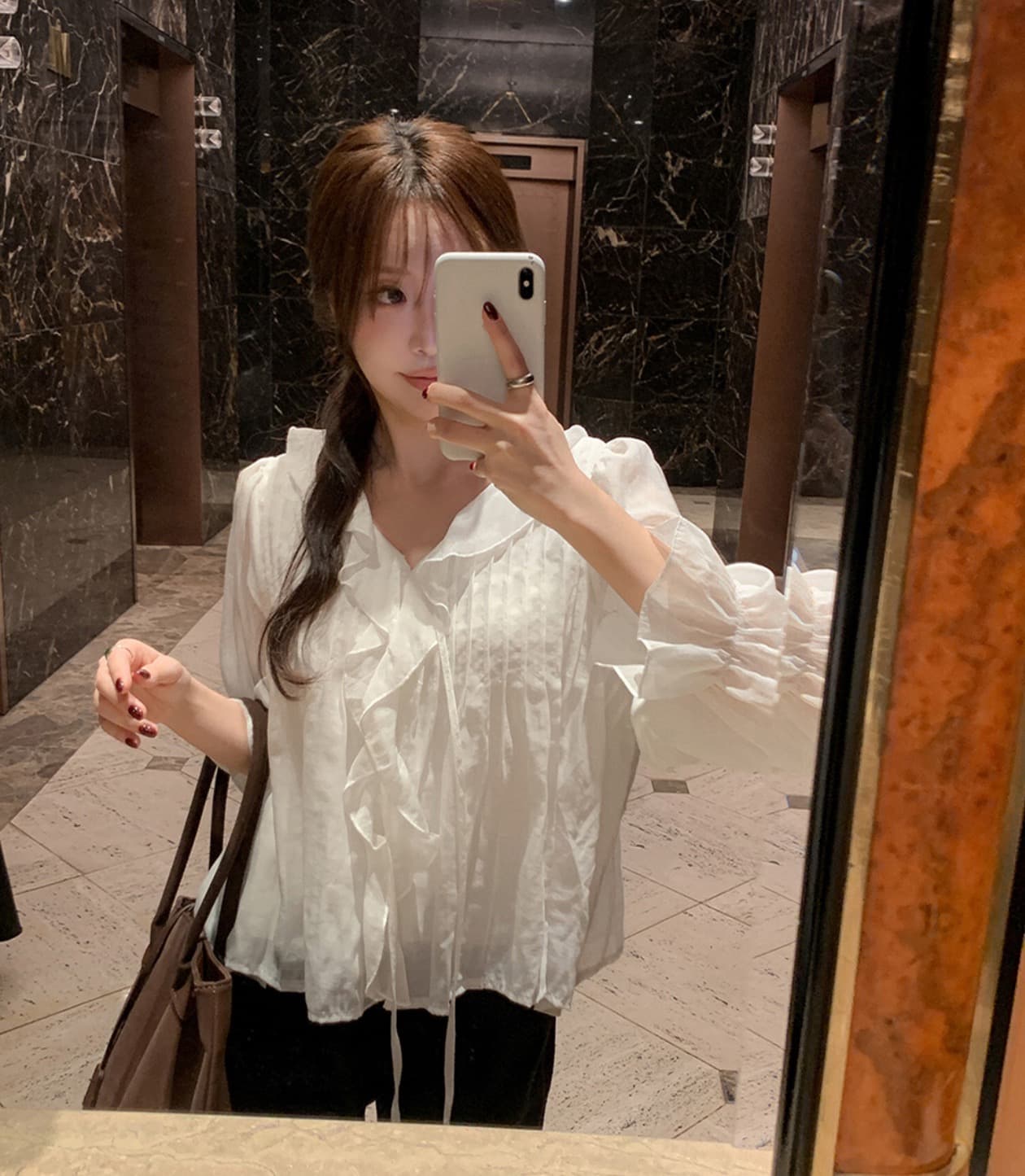 있음 선적 사이즈 업데이트 한국 chic 가을 새로운 연꽃 잎 레이스 뒤로 주름 셔츠 상세 이미지 18