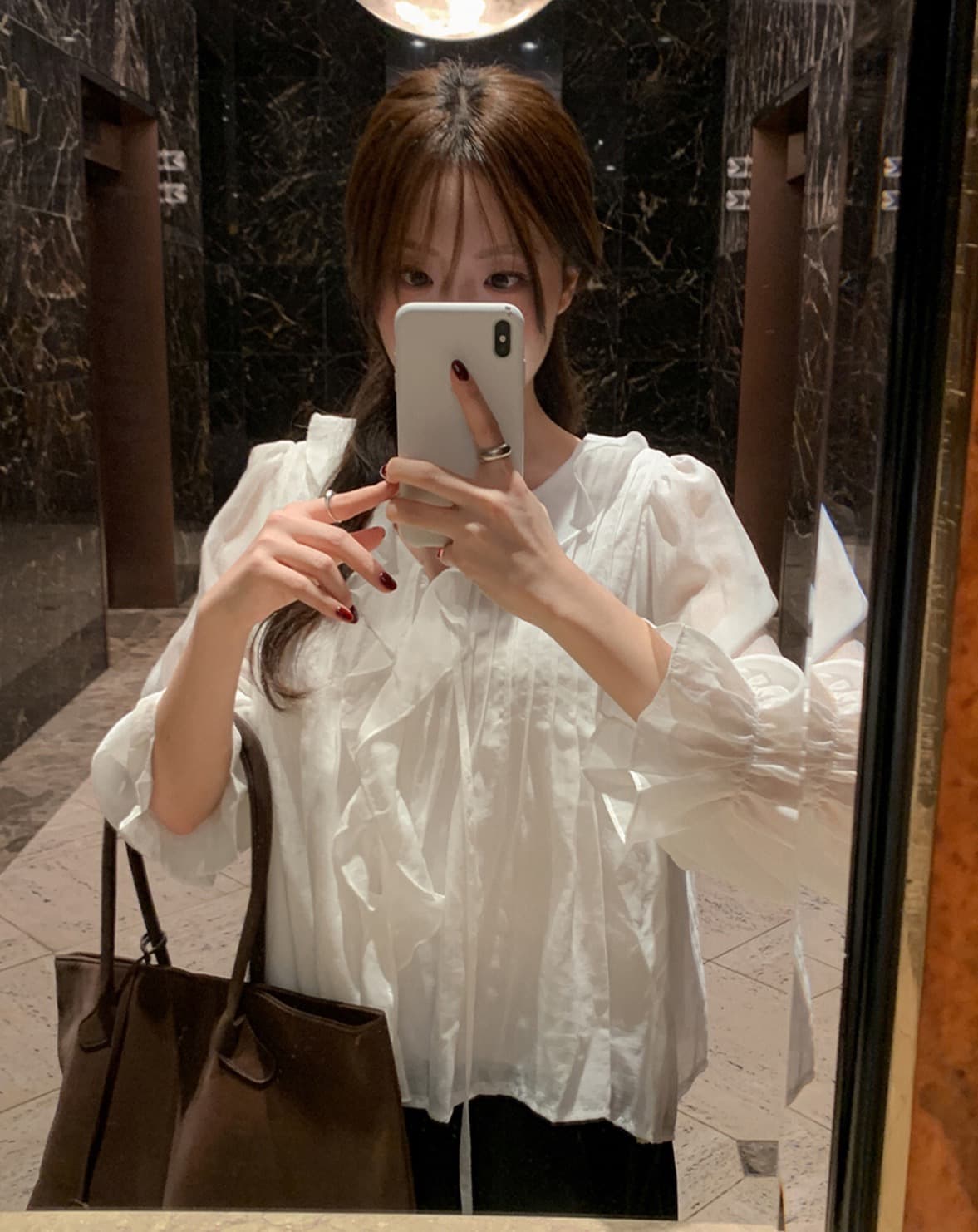 있음 선적 사이즈 업데이트 한국 chic 가을 새로운 연꽃 잎 레이스 뒤로 주름 셔츠 상세 이미지 25