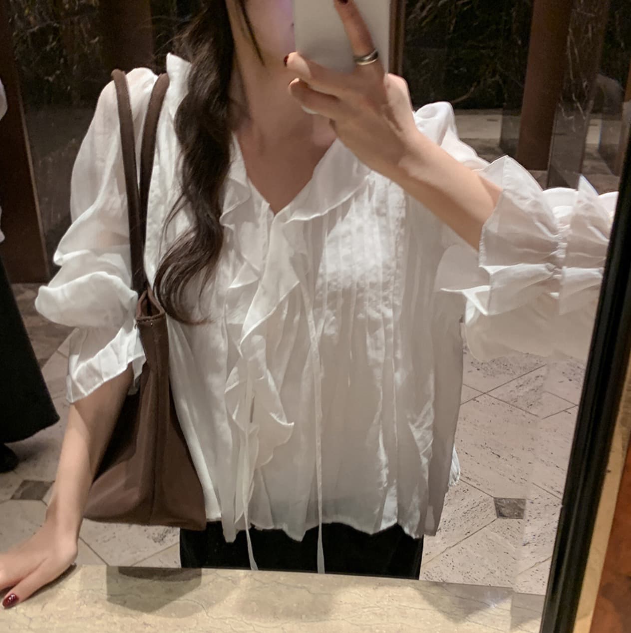 있음 선적 사이즈 업데이트 한국 chic 가을 새로운 연꽃 잎 레이스 뒤로 주름 셔츠 상세 이미지 26