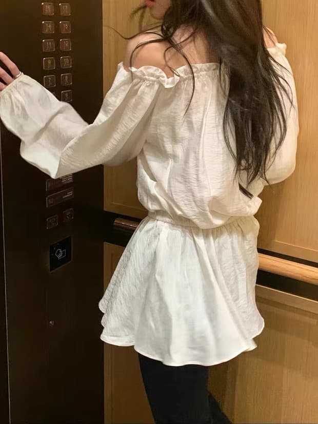 있음 선적 사이즈 업데이트 한국 chic 가을 새로운 디자인 센스 프릴 오프숄더 스트랩 달콤함 드레스 상세 이미지 4