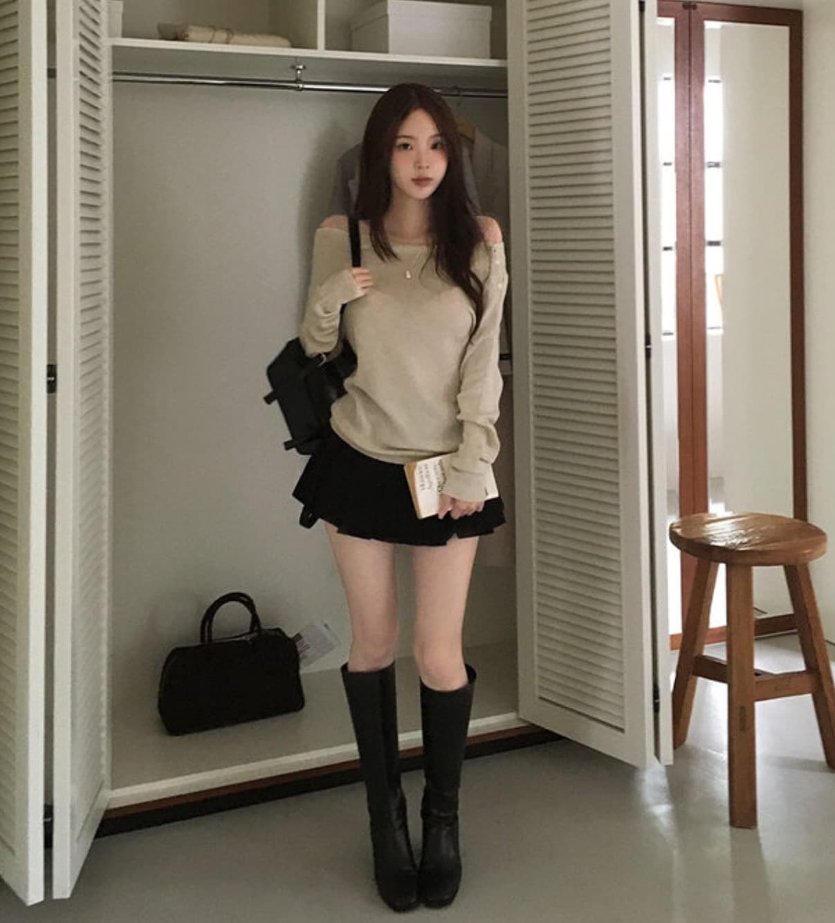 한국 chic 가을 새로운 오프숄더 비스듬한 단추 슬림해 보이는 다용도 긴팔 니트 스웨터 상세 이미지 13