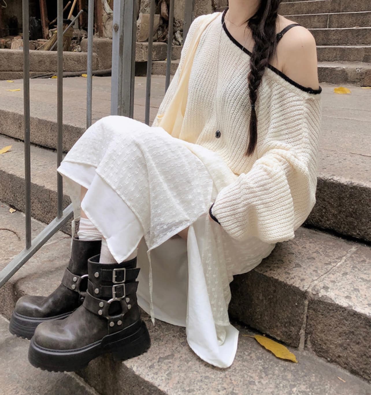 한국 chic 가을 새로운 ins 패치워크 색상 학원 스타일 연령 감소 오프숄더 루즈핏 털 의류 상세 이미지 2