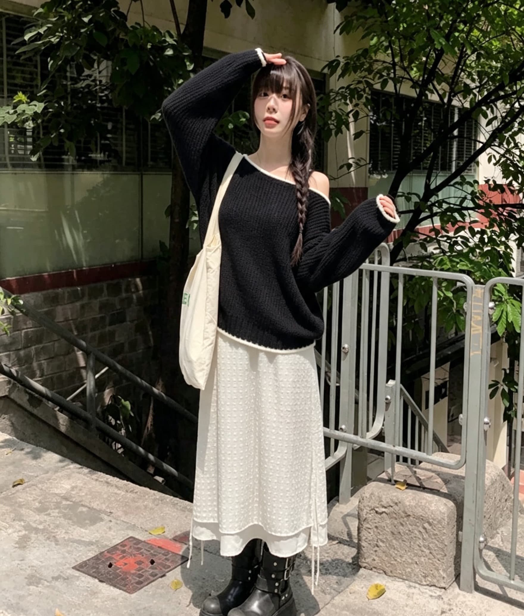한국 chic 가을 새로운 ins 패치워크 색상 학원 스타일 연령 감소 오프숄더 루즈핏 털 의류 상세 이미지 5