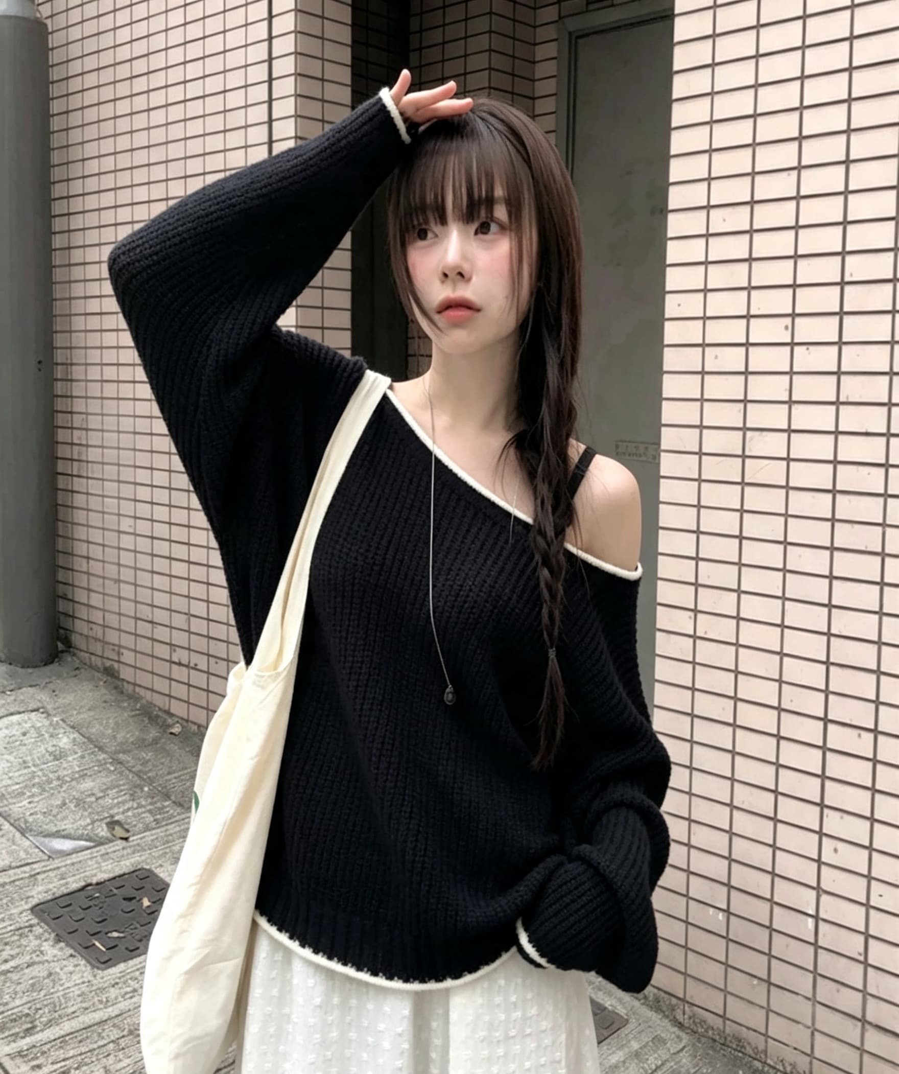 한국 chic 가을 새로운 ins 패치워크 색상 학원 스타일 연령 감소 오프숄더 루즈핏 털 의류 상세 이미지 7