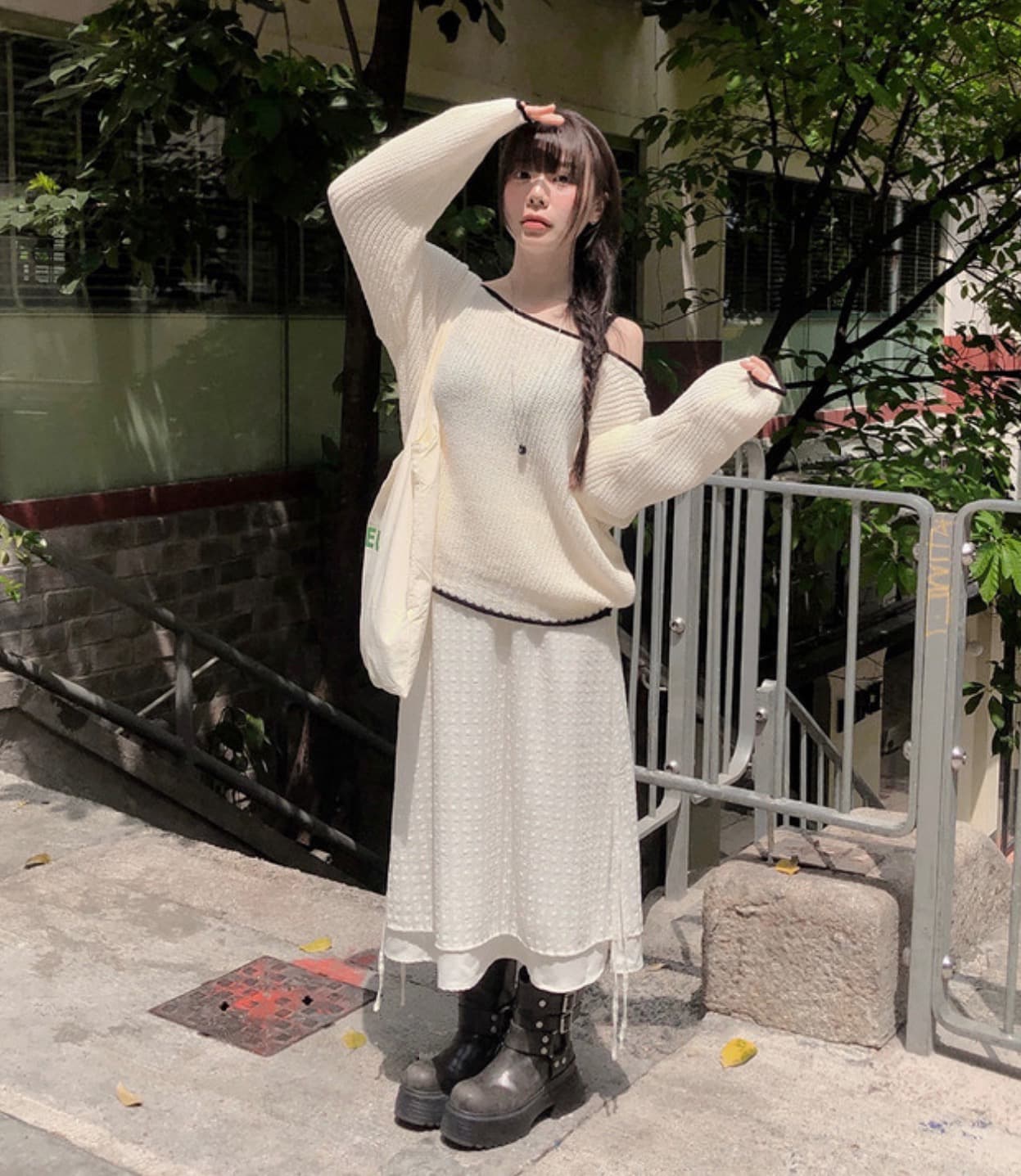 한국 chic 가을 새로운 ins 패치워크 색상 학원 스타일 연령 감소 오프숄더 루즈핏 털 의류 상세 이미지 9