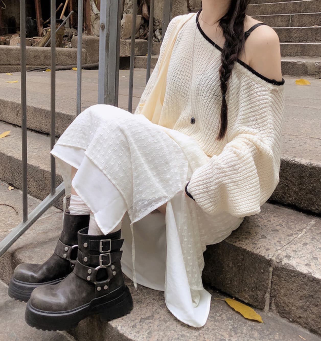 한국 chic 가을 새로운 ins 패치워크 색상 학원 스타일 연령 감소 오프숄더 루즈핏 털 의류 상세 이미지 17