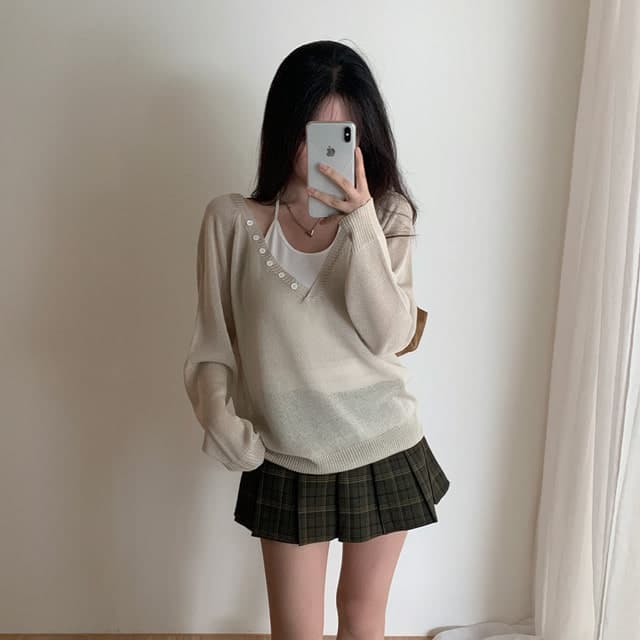 있음 선적 사이즈 업데이트 한국 chic 가을 새로운 빅 브이 넥 단추 느슨함 센스 긴팔 니트 스웨터 상세 이미지 13