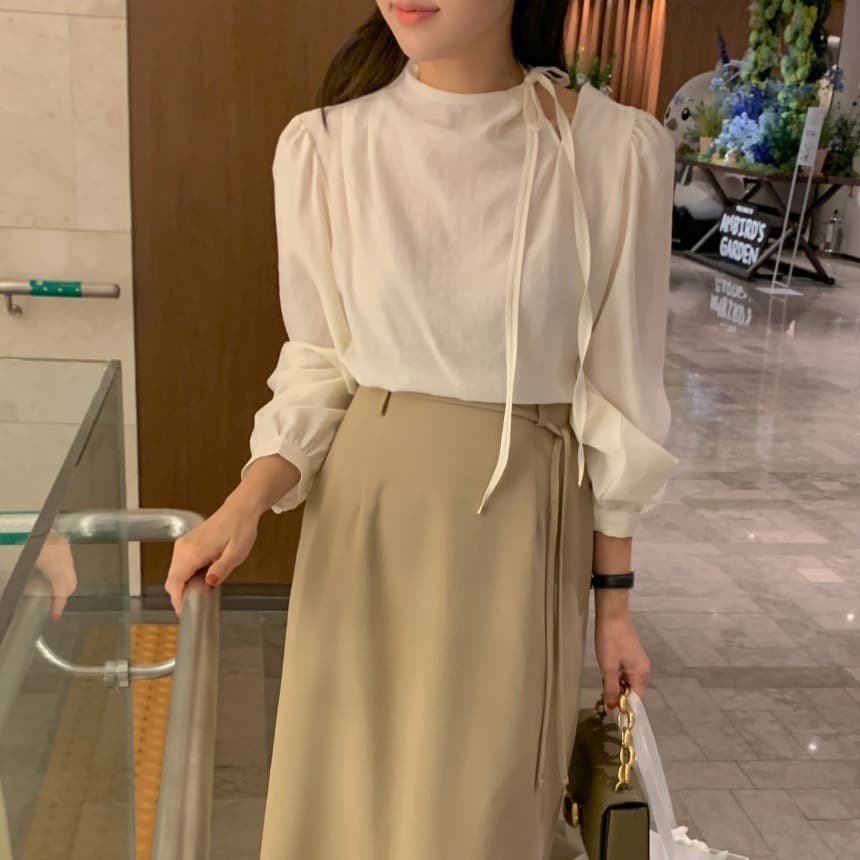 있음 선적 사이즈 업데이트 한국 chic 가을 새로운 한 부서 측면 레이스업 칼라 디자인 긴 소매 셔츠 이미지 5