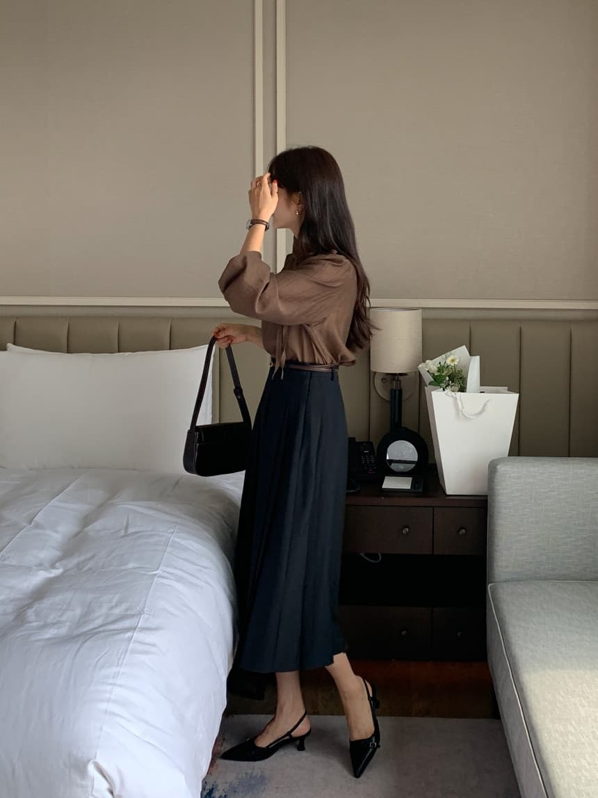 있음 선적 사이즈 업데이트 한국 chic 가을 새로운 한 부서 측면 레이스업 칼라 디자인 긴 소매 셔츠 상세 이미지 27