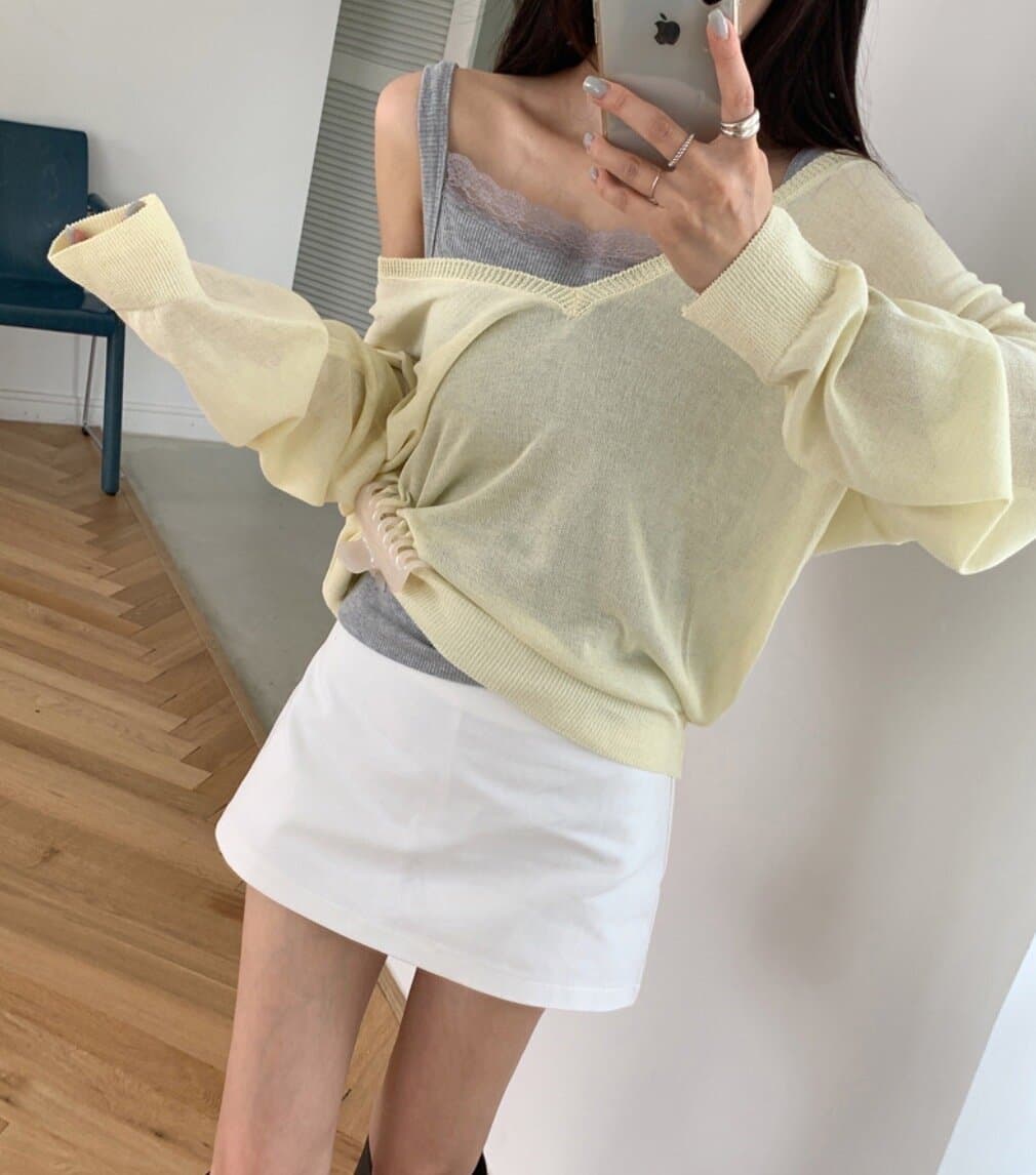 있음 선적 사이즈 업데이트 한국 chic 가을 새로운 ins 마이크로 ~을 통해 얇은 스타일 V넥 자외선 차단 긴팔 니트 스웨터