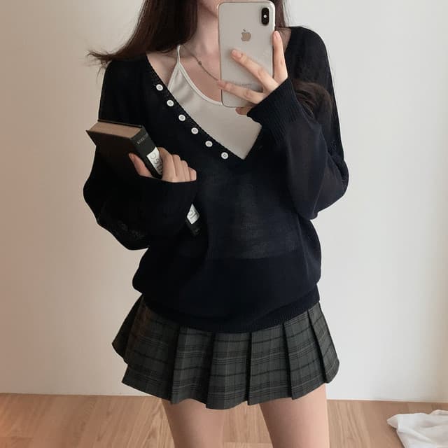 있음 선적 사이즈 업데이트 한국 chic 가을 새로운 빅 브이 넥 단추 느슨함 센스 긴팔 니트 스웨터 상세 이미지 26
