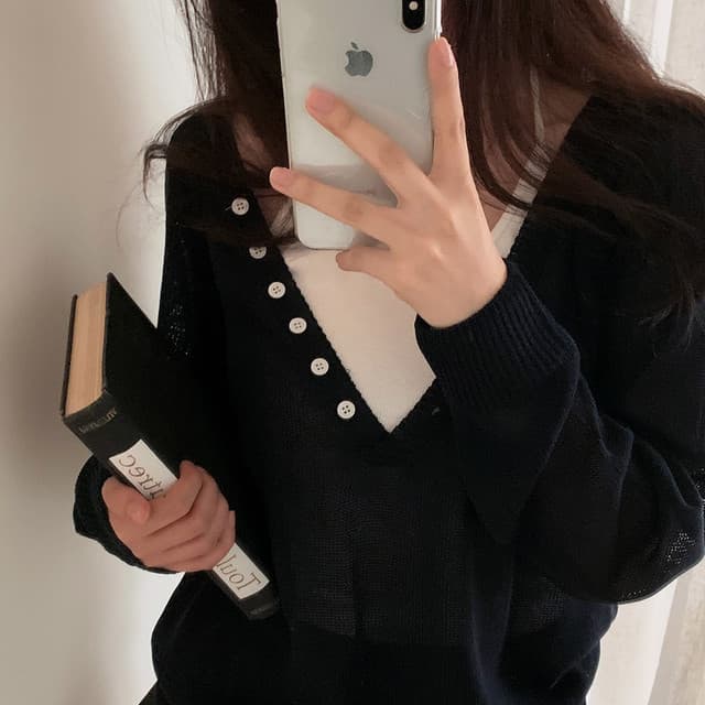 있음 선적 사이즈 업데이트 한국 chic 가을 새로운 빅 브이 넥 단추 느슨함 센스 긴팔 니트 스웨터 상세 이미지 37