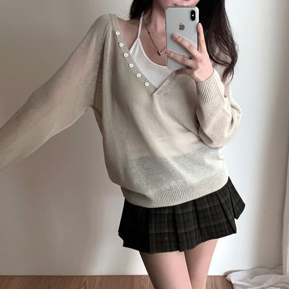 있음 선적 사이즈 업데이트 한국 chic 가을 새로운 빅 브이 넥 단추 느슨함 센스 긴팔 니트 스웨터 이미지 2