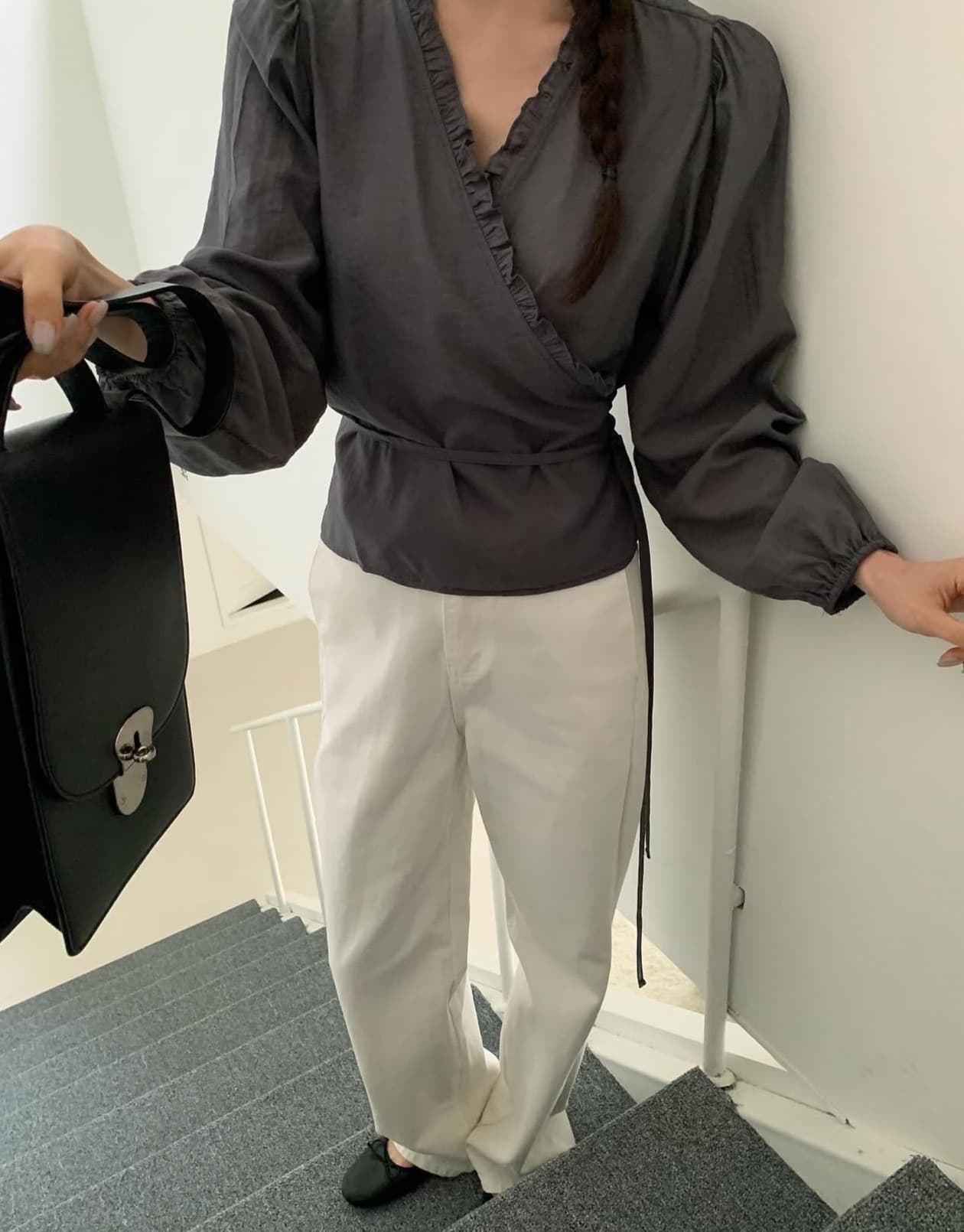 한국 chic 가을 새로운 ins 디자인 센스 목이버섯 경 사진 허리 레이스업 슬림해 보이는 셔츠 상세 이미지 15