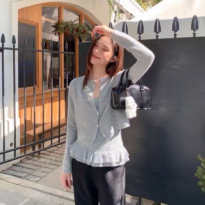 있음 선적 한국 chic 가을 새로운 슬립 레이스 단추 오픈 가디건 투피스 세트 이미지 4
