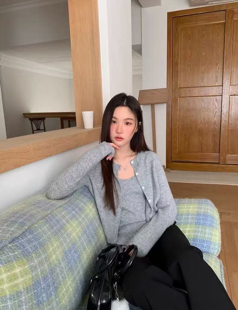 있음 선적 한국 chic 가을 새로운 슬립 레이스 단추 오픈 가디건 투피스 세트 상세 이미지 19