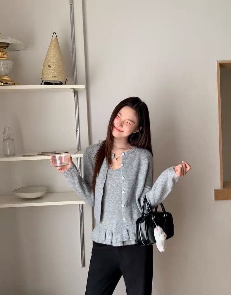 있음 선적 한국 chic 가을 새로운 슬립 레이스 단추 오픈 가디건 투피스 세트 상세 이미지 21