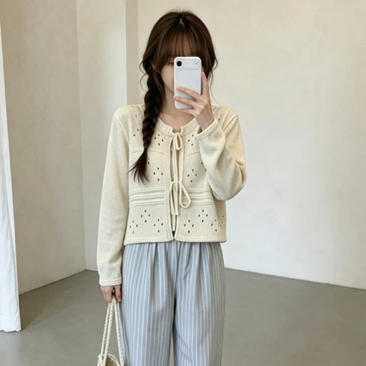있음 선적 한국 chic 가을 새로운 달콤함 홀로우 아웃 레이스업 나비 매듭 오픈 가디건 니트 재킷 이미지 3