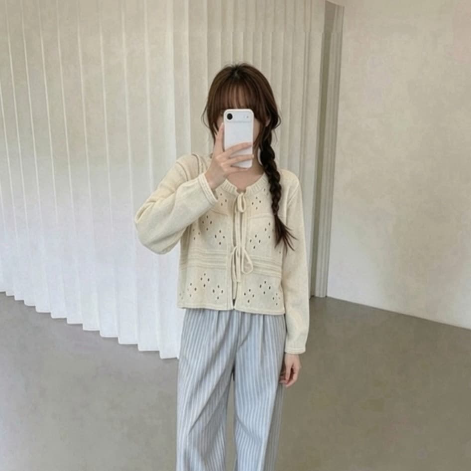 있음 선적 한국 chic 가을 새로운 달콤함 홀로우 아웃 레이스업 나비 매듭 오픈 가디건 니트 재킷 이미지 5