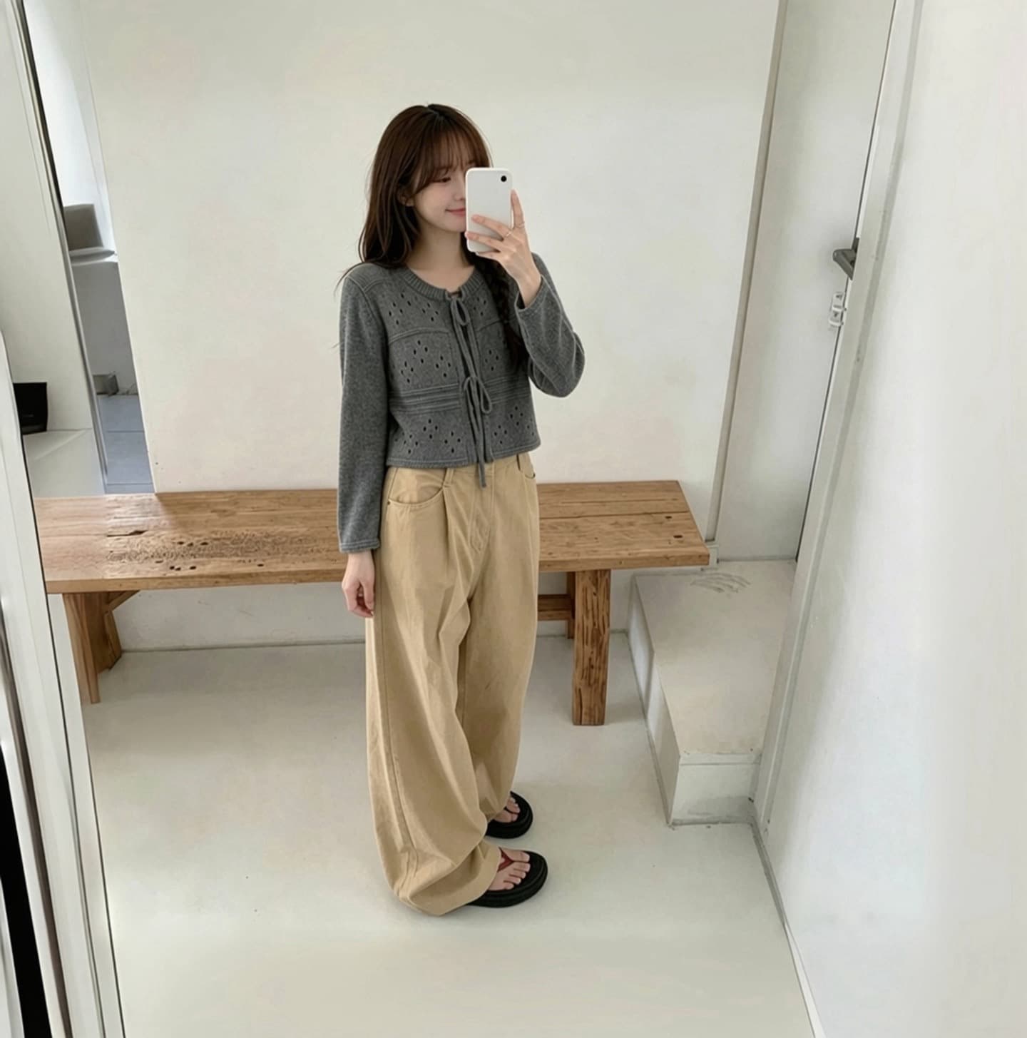 있음 선적 한국 chic 가을 새로운 달콤함 홀로우 아웃 레이스업 나비 매듭 오픈 가디건 니트 재킷 상세 이미지 1