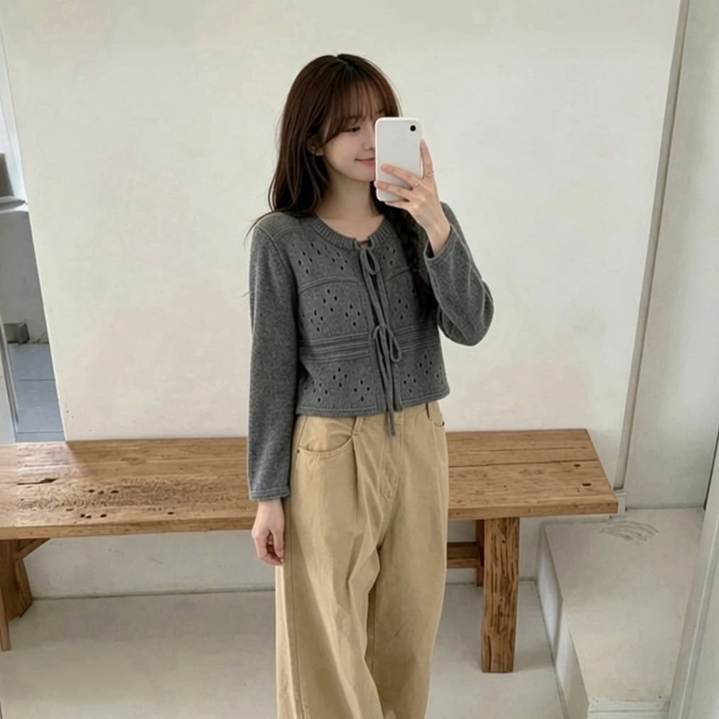 있음 선적 한국 chic 가을 새로운 달콤함 홀로우 아웃 레이스업 나비 매듭 오픈 가디건 니트 재킷 상세 이미지 6