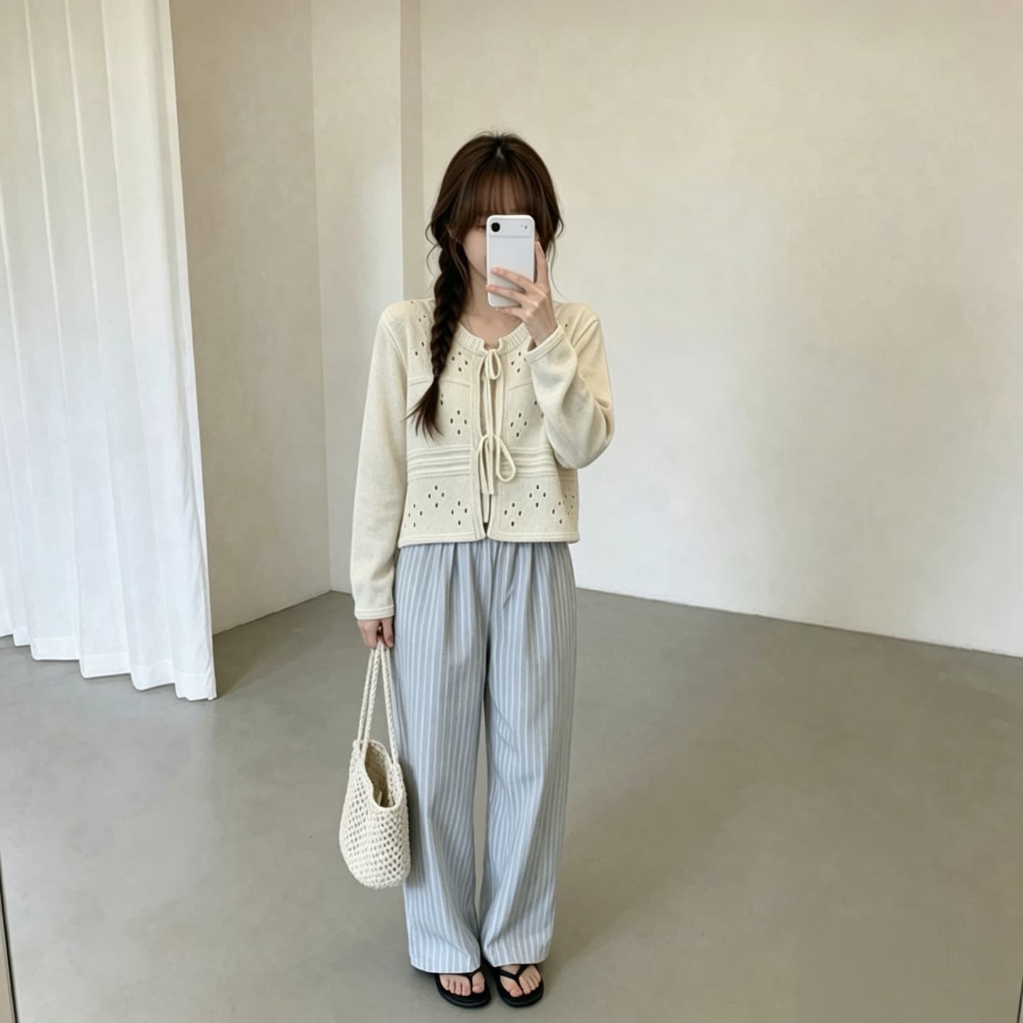 있음 선적 한국 chic 가을 새로운 달콤함 홀로우 아웃 레이스업 나비 매듭 오픈 가디건 니트 재킷 상세 이미지 8