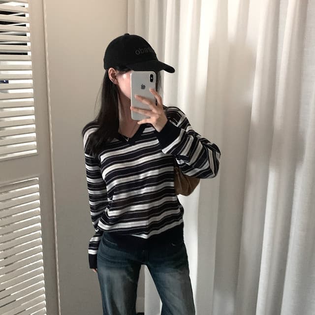 한국 chic 가을 새로운 ins 달콤함 V넥 스트라이프 다용도 슬림해 보이는 니트 스웨터 상세 이미지 19