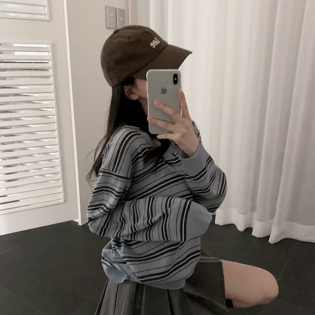 한국 chic 가을 새로운 ins 달콤함 V넥 스트라이프 다용도 슬림해 보이는 니트 스웨터 상세 이미지 39