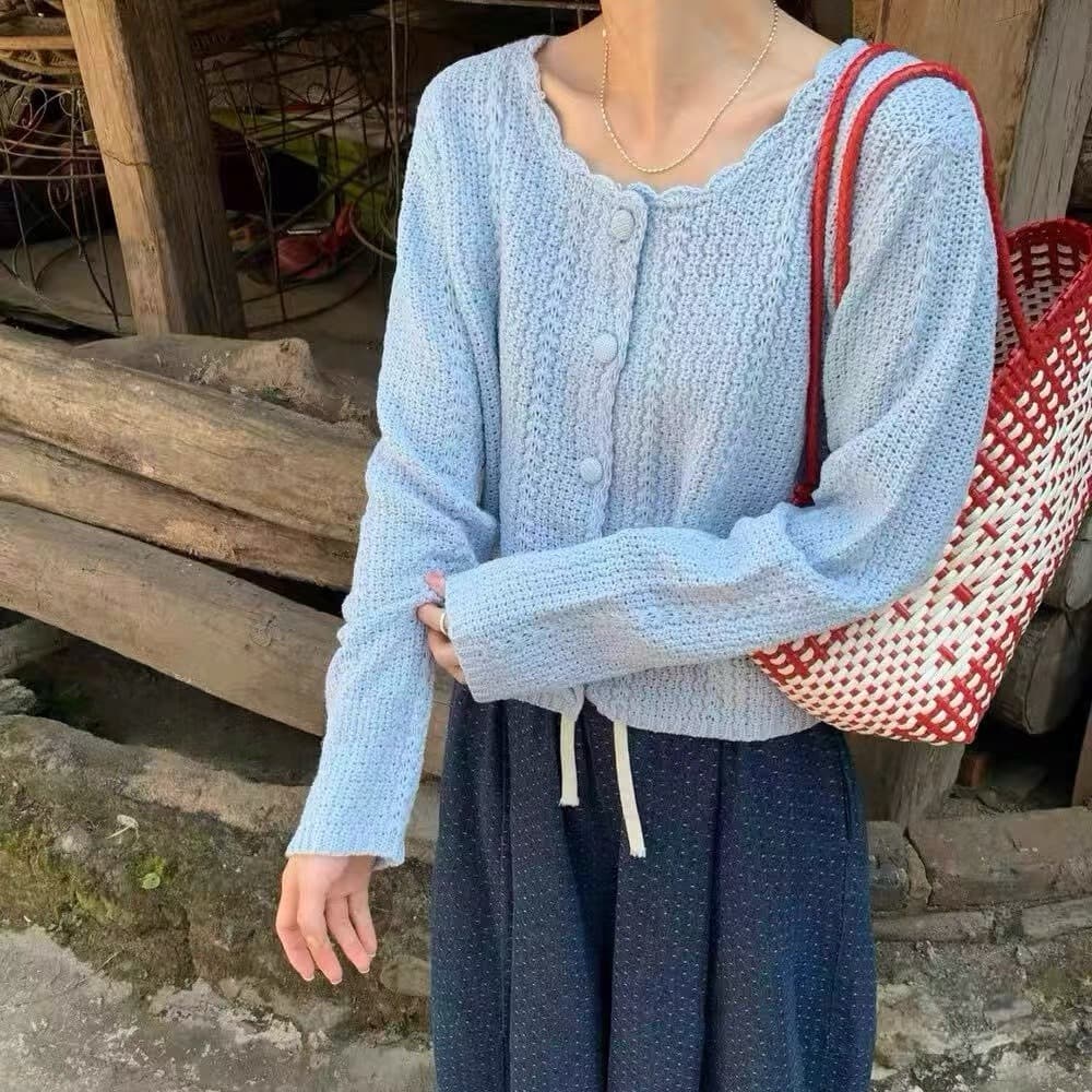 있음 선적 한국 chic 가을 새로운 ins 달콤함 홀로우 아웃 단추 니트 오픈 가디건 이미지 5