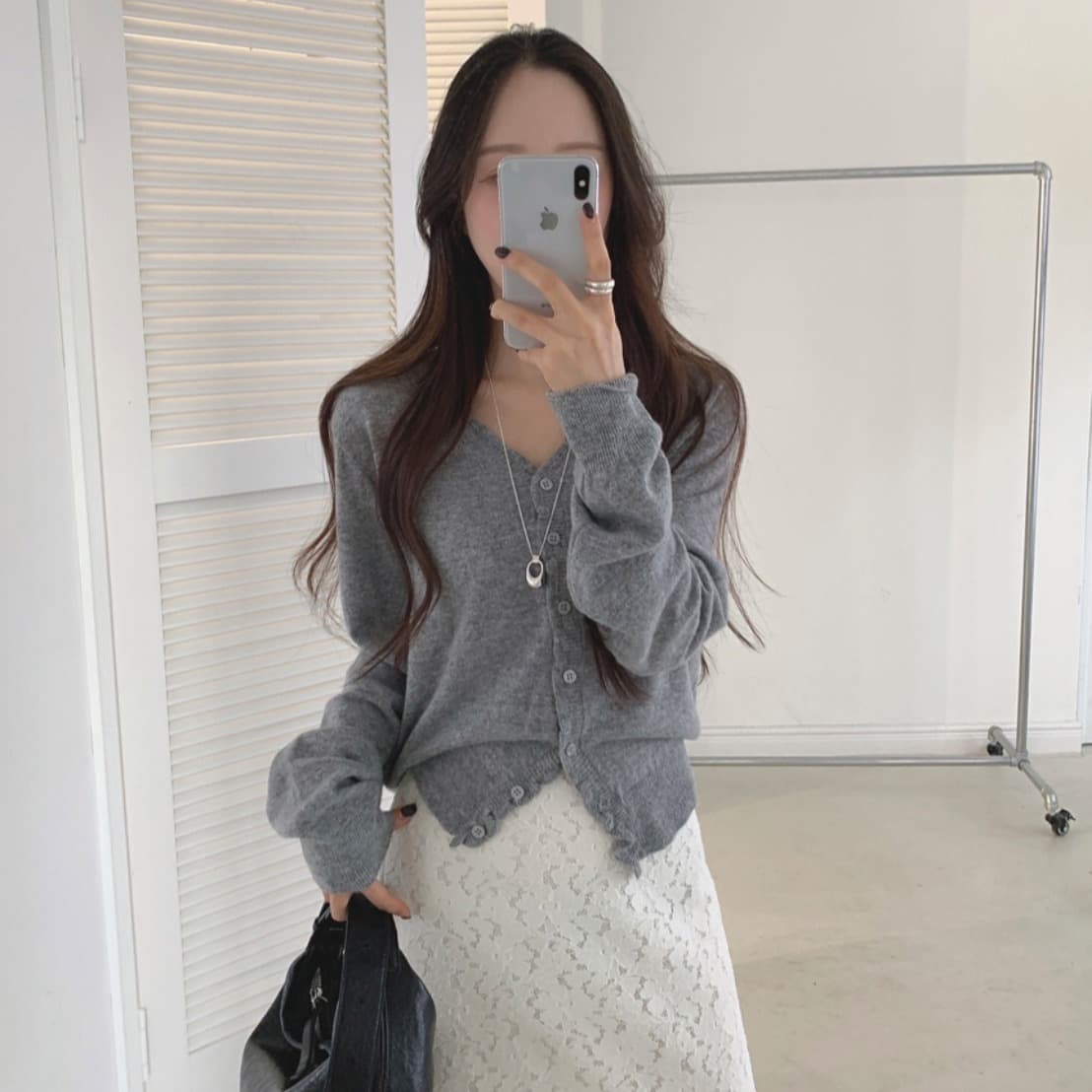 있음 선적 사이즈 업데이트 한국 chic 가을 새로운 품격 목이버섯 레이스 다용도 니트 오픈 가디건 이미지 2