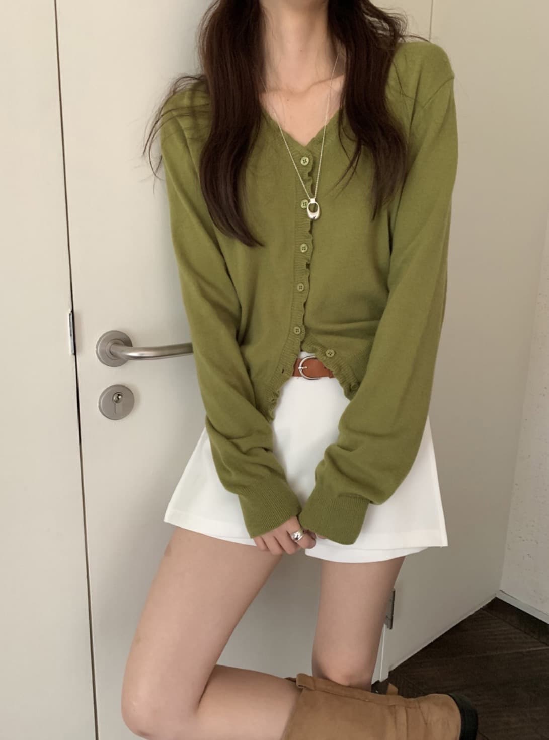 있음 선적 사이즈 업데이트 한국 chic 가을 새로운 품격 목이버섯 레이스 다용도 니트 오픈 가디건 상세 이미지 1