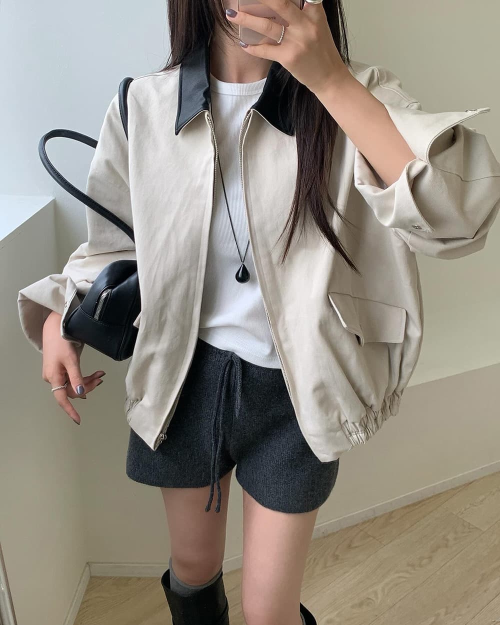 있음 선적 사이즈 업데이트 한국 chic 가을 겨울 새로운 한 부서 루즈핏 배색 싸움 가죽 자켓 재킷 상세 이미지 2