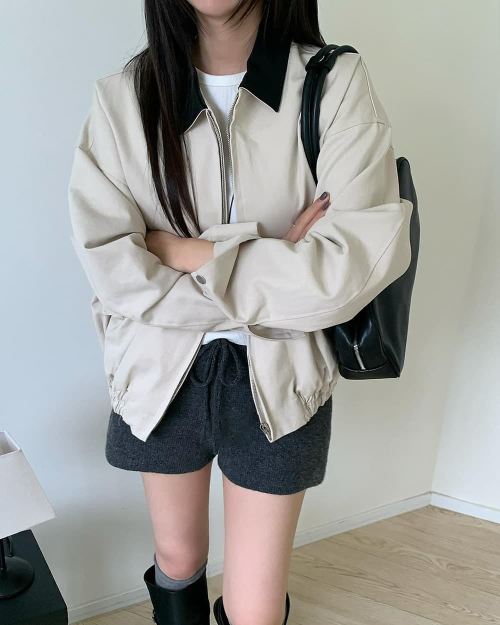 있음 선적 사이즈 업데이트 한국 chic 가을 겨울 새로운 한 부서 루즈핏 배색 싸움 가죽 자켓 재킷 상세 이미지 3