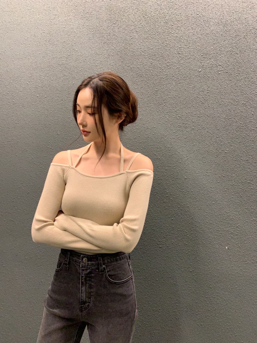 있음 선적 사이즈 업데이트 한국 chic 가을 새로운 섹시함 슬립 보트넥 긴팔 니트 스웨터 상세 이미지 23