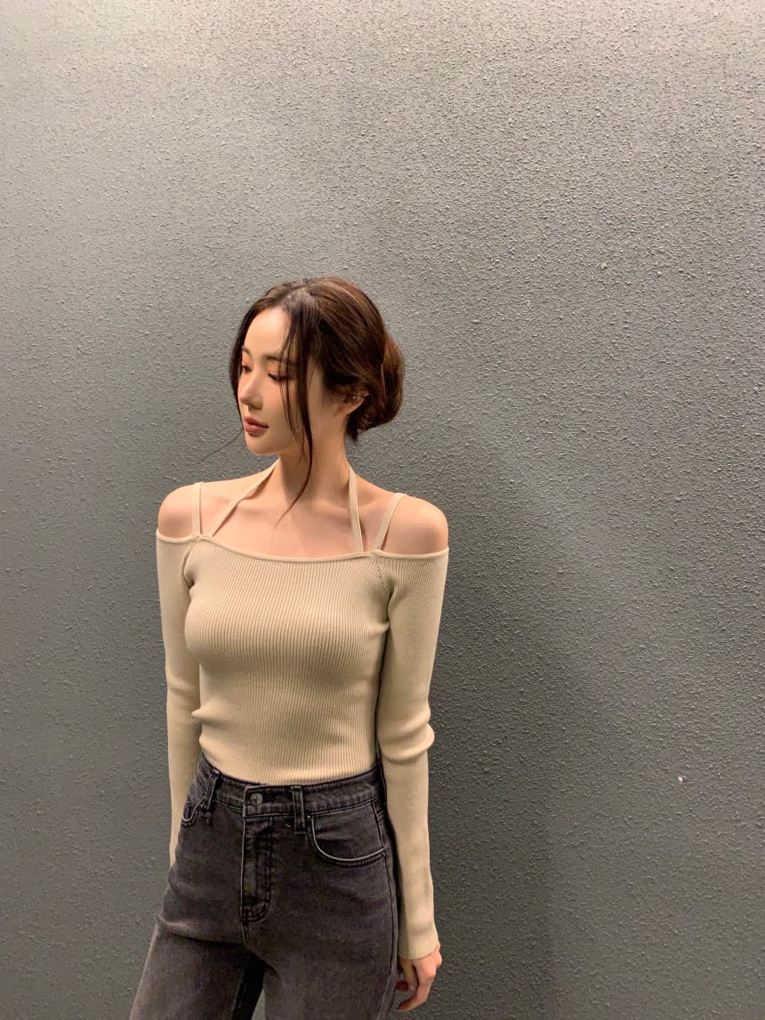 있음 선적 사이즈 업데이트 한국 chic 가을 새로운 섹시함 슬립 보트넥 긴팔 니트 스웨터 상세 이미지 25