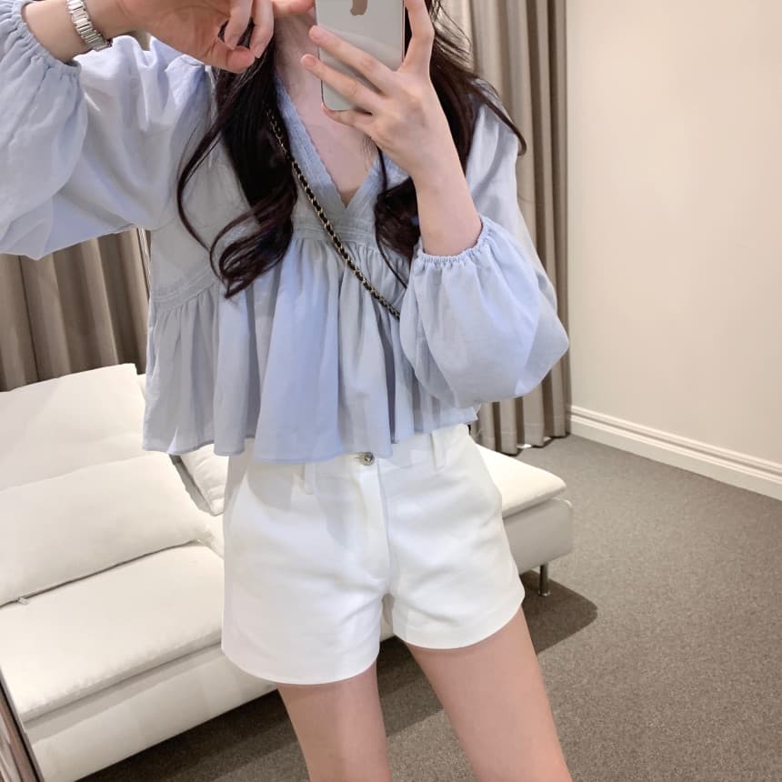 있음 선적 사이즈 업데이트 한국 chic 가을 새로운 V넥 거품 소매 쉬폰 블라우스 상세 이미지 10